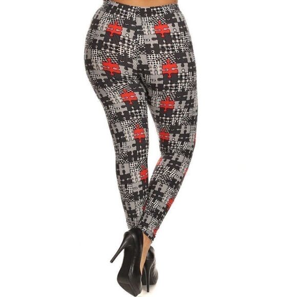 NWT -Curvy OS Leggings -  Black Red White Puzzle Pattern Full Length- Fits 12-18 - Picture 3 of 4